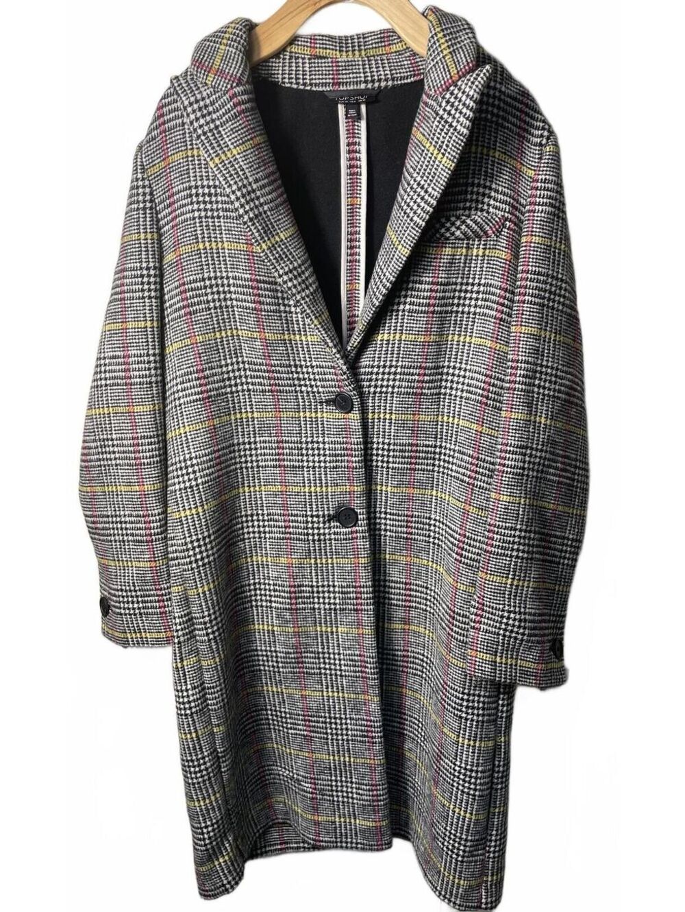 Topshop Wool Blend Plaid Long Pea Coat Button Womens Size 6 Plaid Career Fall - Picture 1 of 7